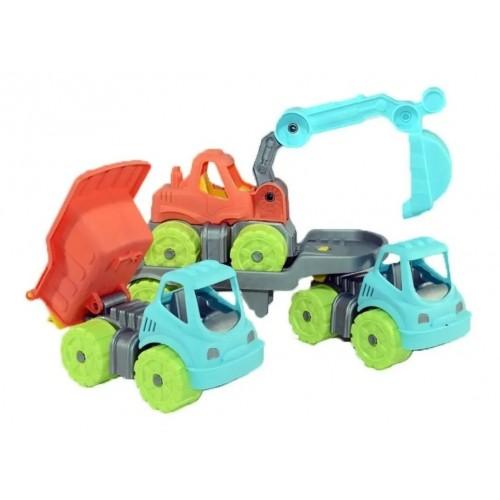 Camion con trailer, retroexcavadora y volcador